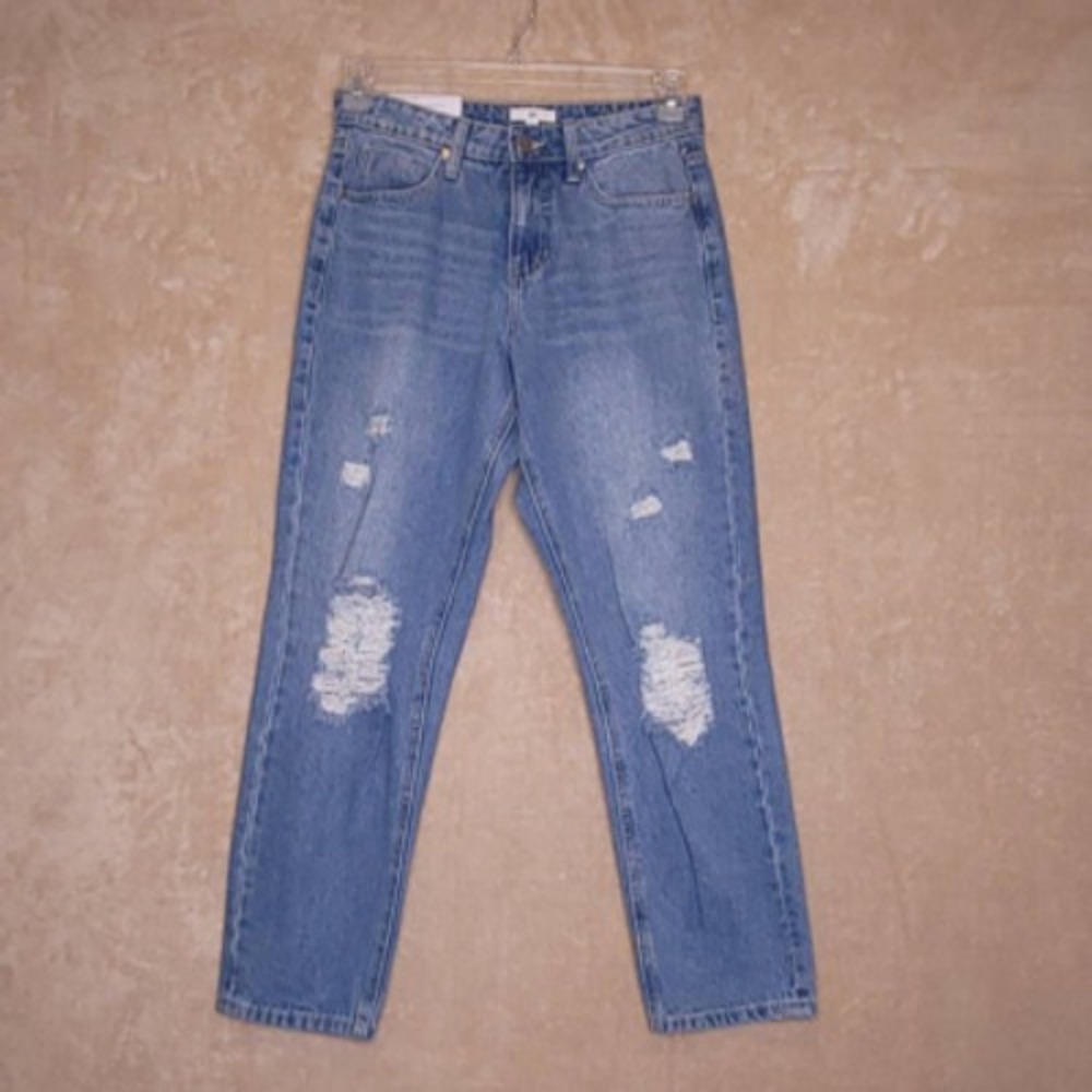 BP Jeans Women Vintage Straight Leg Blue Whiskered Distressed Medium Wash 27 New